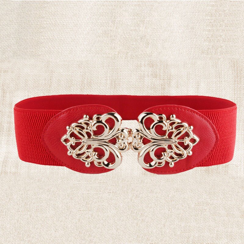 21 types Women Elastic Wide Belt Thick Vintage Totem Print Stretch Leather Waist Belt For Dress Corset Cinch Waistband Z30: Red gold