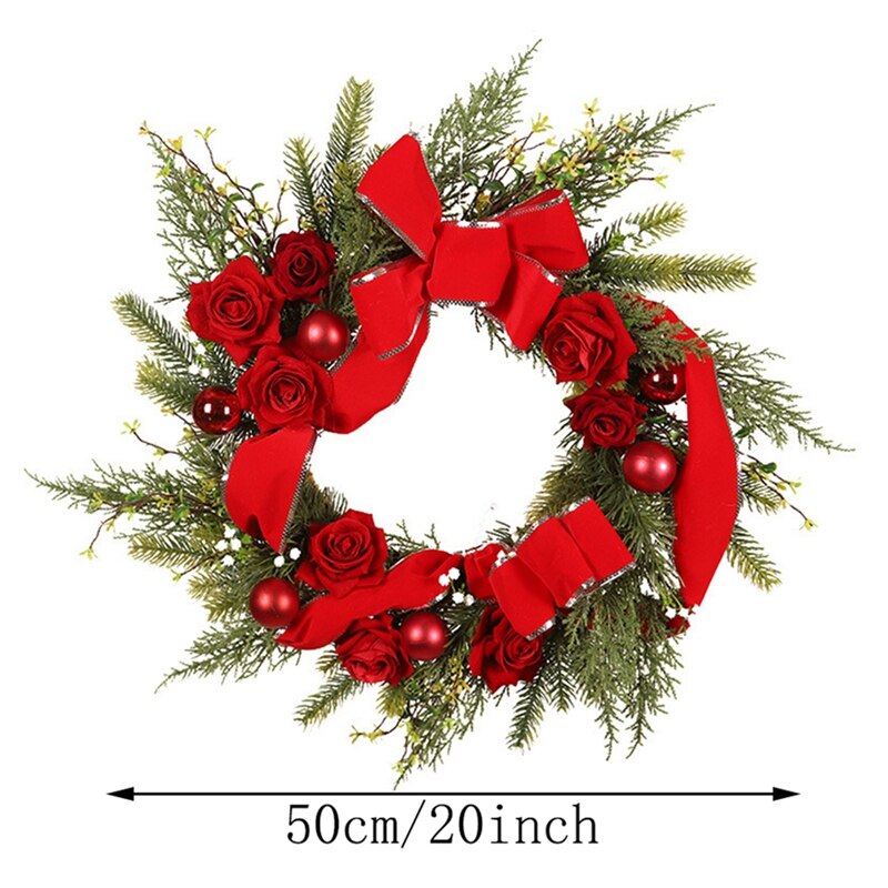 Couronne de pin artificielle avec Rose rouge, ruban rouge pour porte d&#39;entrée, fenêtre murale, maison, décoration de noël