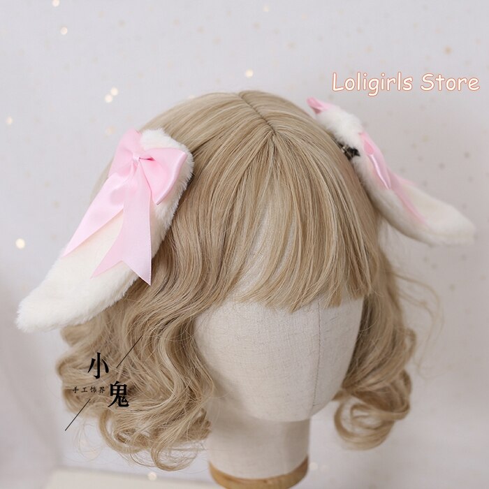 Multicolor Lolita Bunny Ears Hair Clip Hair Accessories Lop-eared Rabbit Hairpin Soft Sister Lolita Bowknot Barrettes Headdress: Pink