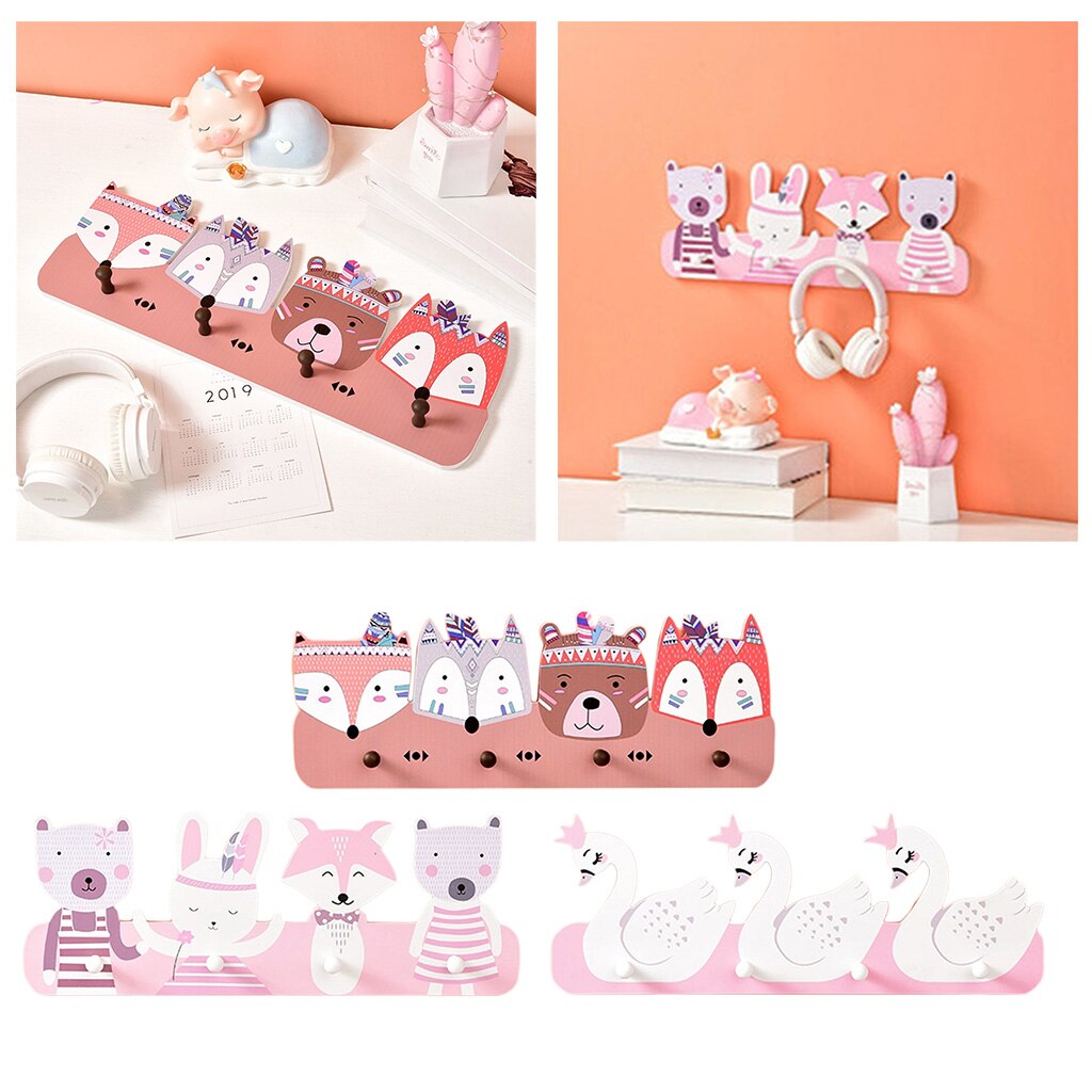 Jolis cintres muraux en bois de dessin animé | 4 crochets adhésifs, crochet de décoration de chambre d'enfant pour manteau de serviette, sacs de clés
