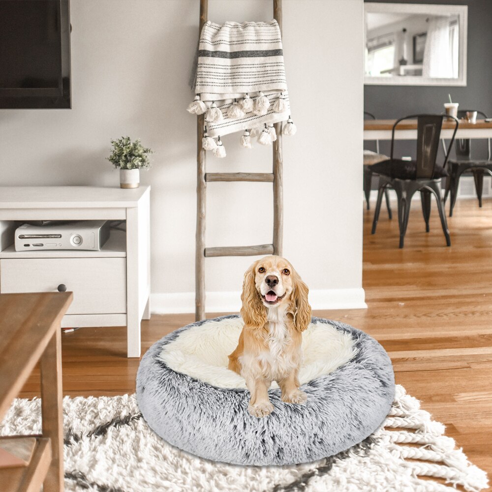 Beruhigende Hund Bett Katze Haus Krapfen Haustier Bett Flauschigen Plüsch Selbst Erwärmung Runde Kissen Anti Angst Zwinger Matten für Kleine große Hunde