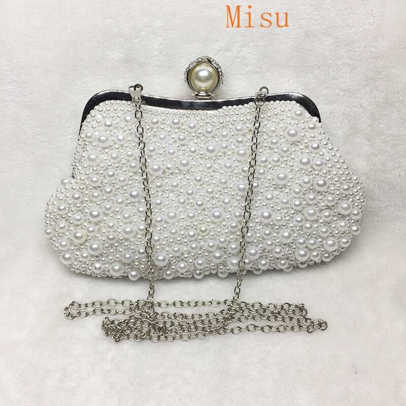 Women White Pearl Shell Evening Bags Luxury Wedding Bead Small Handbag Clutch Dinner Purse Chain Shoulder bag