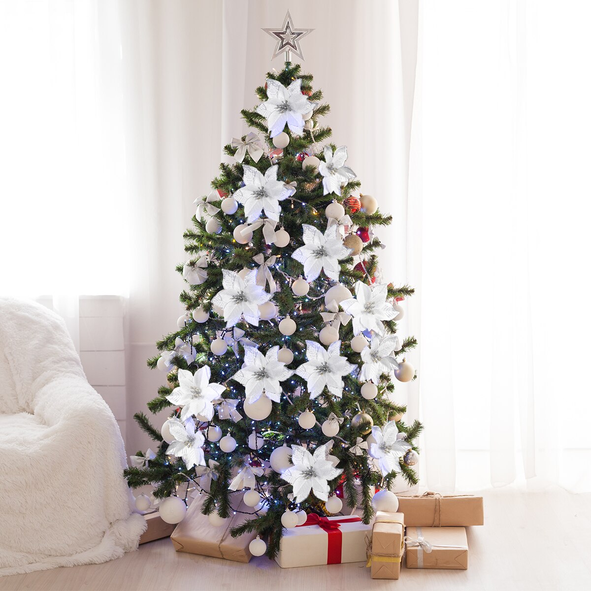 24Pcs Bloem Hoofd Glitter Kunstzijde Bloem Kerstboom Ornament Diy Kerst Decoratie Jaar Decor Navidad
