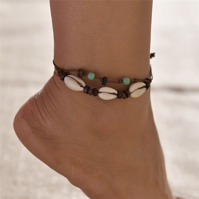 Bohemian Shell Anklets for Women Handmade Leather Woven Natural Shell Foot Jewelry Summer Beach Barefoot Bracelet ankle on Leg: 50263