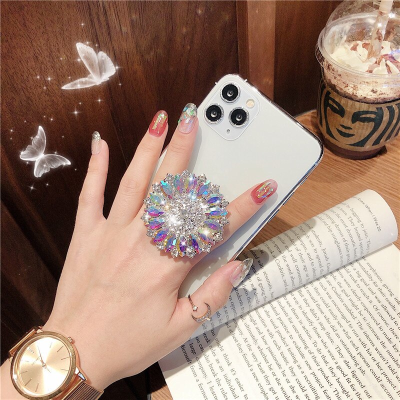 Brilho diamante cristal glitter anel do telefone móvel fivela dobrável suporte de capa traseira do telefone móvel colar feminino