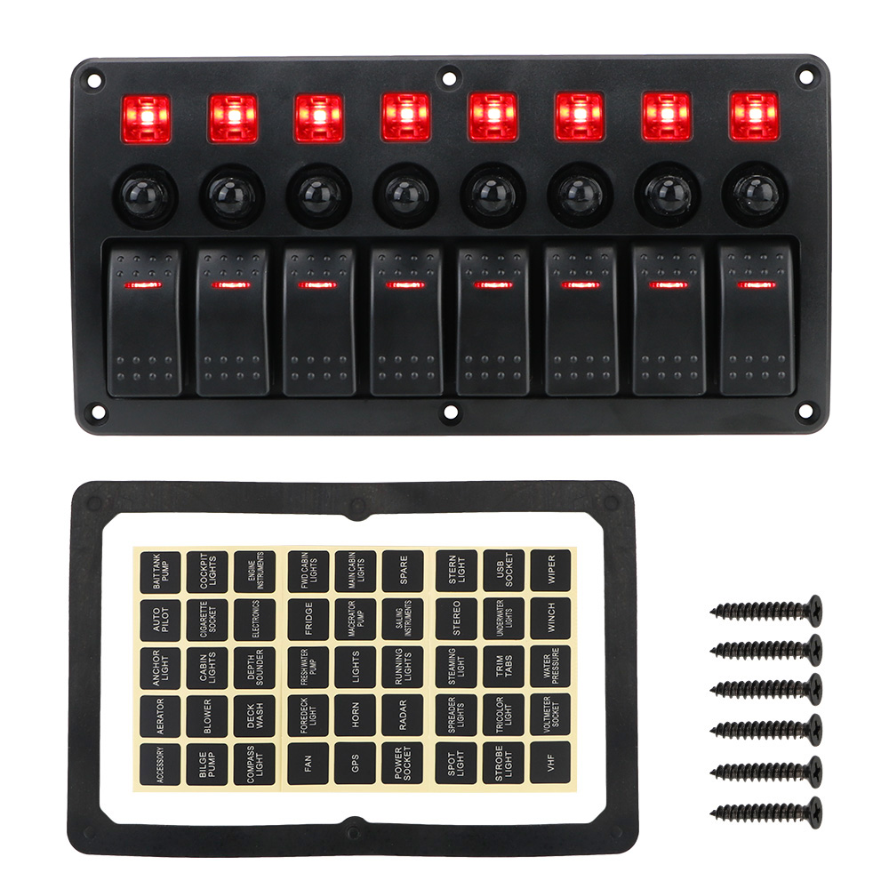 Car Vehicle Truck RV SUVS Marine 8 Gang LED Switch Panel Circuit Breakers With Fuse Waterproof 12/24V Overload Protection: Red