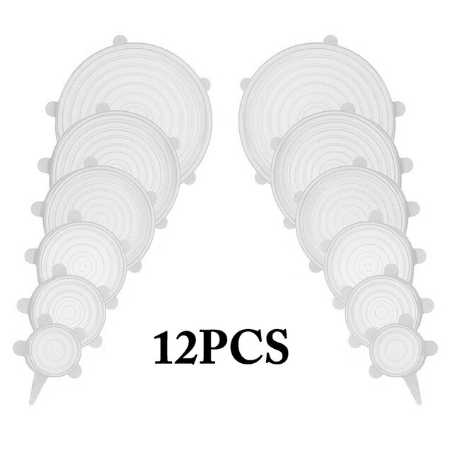 12 PCS Round Reusable Silicone Food Cover Elastic Stretch Adjustable Bowl Lids Kitchen Wrap Seal Fresh Keeping Silicone Caps: White 12pcs