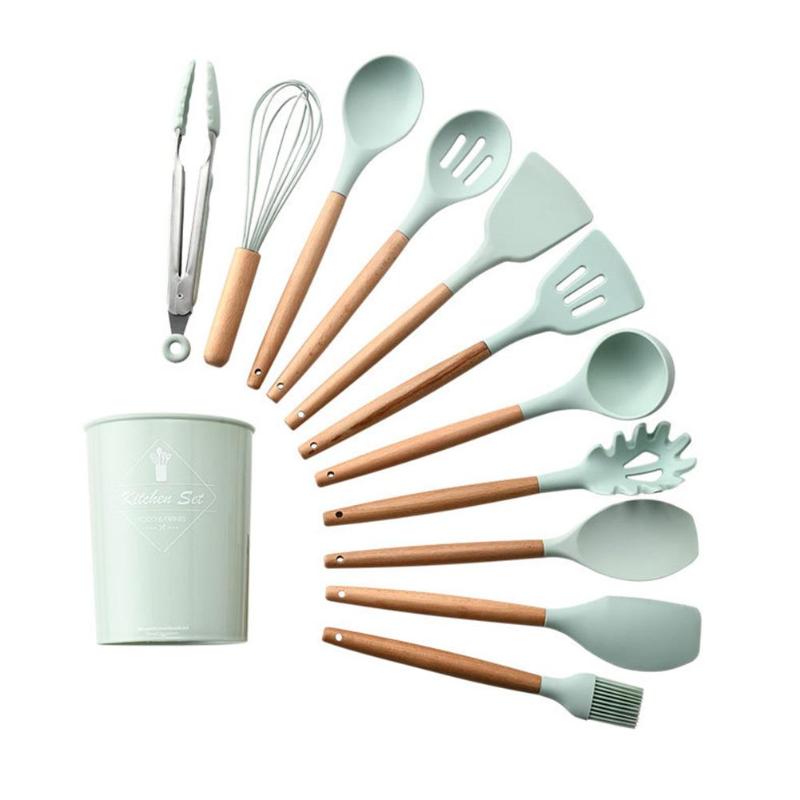 12 pièces de Gel de silice Silicone ustensiles de cuisine antiadhésifs ustensiles de cuisine cuisine maison ustensiles de cuisine ensemble fournitures: Light green