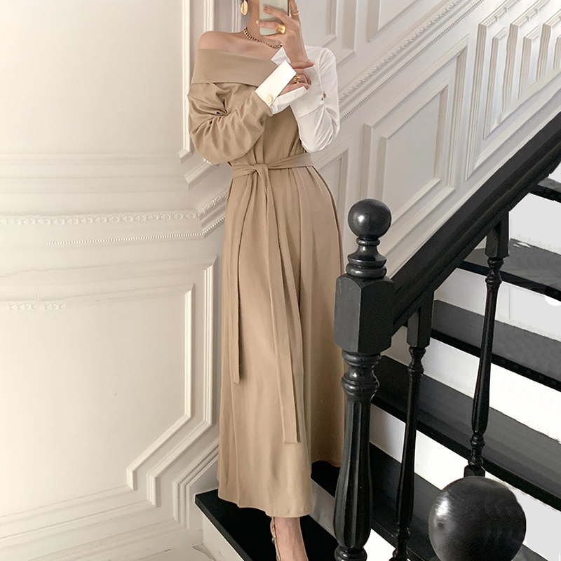 Robe longue en Patchwork de couleur pour femmes, col en v, épaules dénudées, manches longues, style coréen avec ceinture, Vintage B719