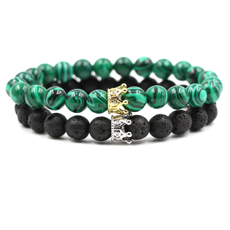 8mm 2 stk/sæt par mikro indsat zirkon krone armbånd klassisk natursten elastisk kvinder charm perler armbånd til mænd smykker: Farve 16