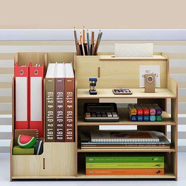 Multi-function Desktop Organizer Wooden Storage Box Office File Tray Adjustable Wood Display Shelf Tissue Holder With Drawer: C