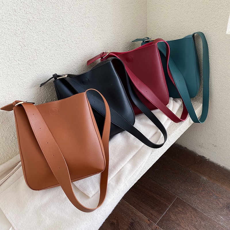 casual large capacity totes wide strap buckets bag luxury soft pu leather shoulder crossbody bags lady simply big purse