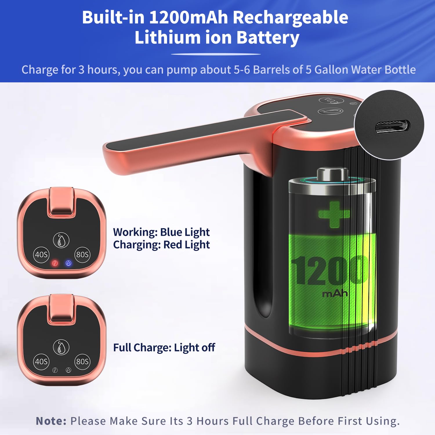 Wasserspender-Flaschenpumpe, elektrische Wasserpumpe für universelle Flaschen von 2–5 Gallonen, tragbarer Trinkwasserspender mit USB-Aufladung