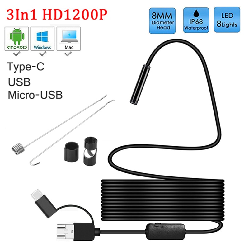 8mm lens Camera Endoscope HD 1200P IP68 2M Hard Flexible Tube Mirco USB Type-C Borescope Video Inspection for Android Endoscope
