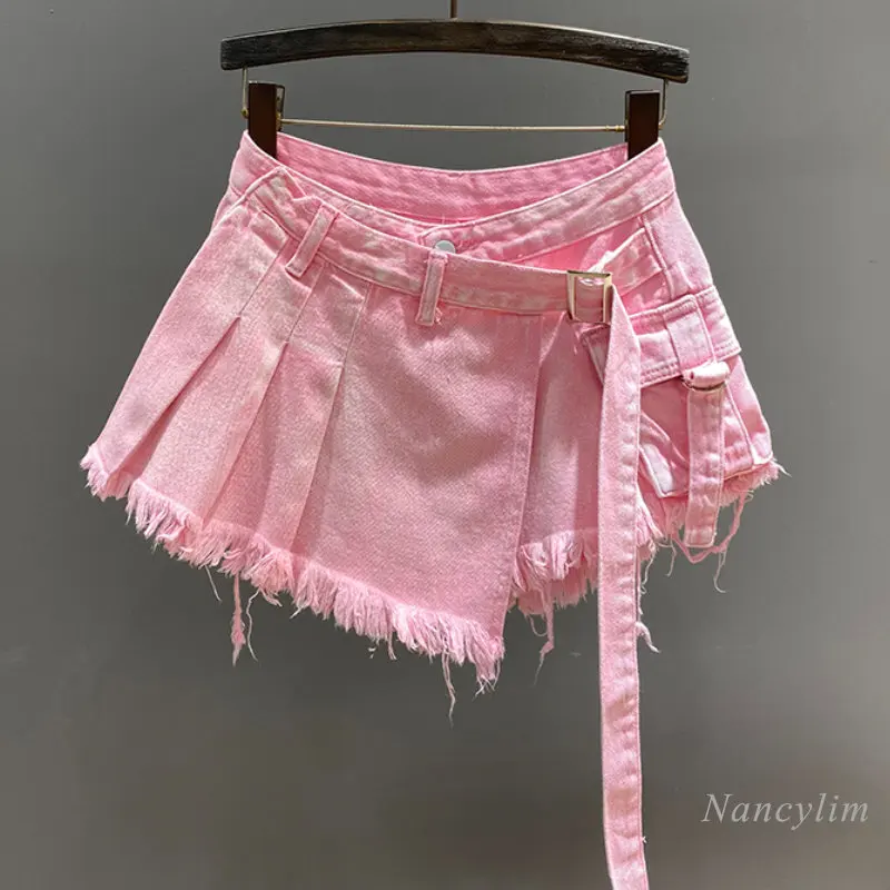 Uregelmæssig Pink Denim Nederdel Dame Sommer Høj Talje Slimming Falsk Todelt A-Line Arbejdstøj Kort Mini Nederdel