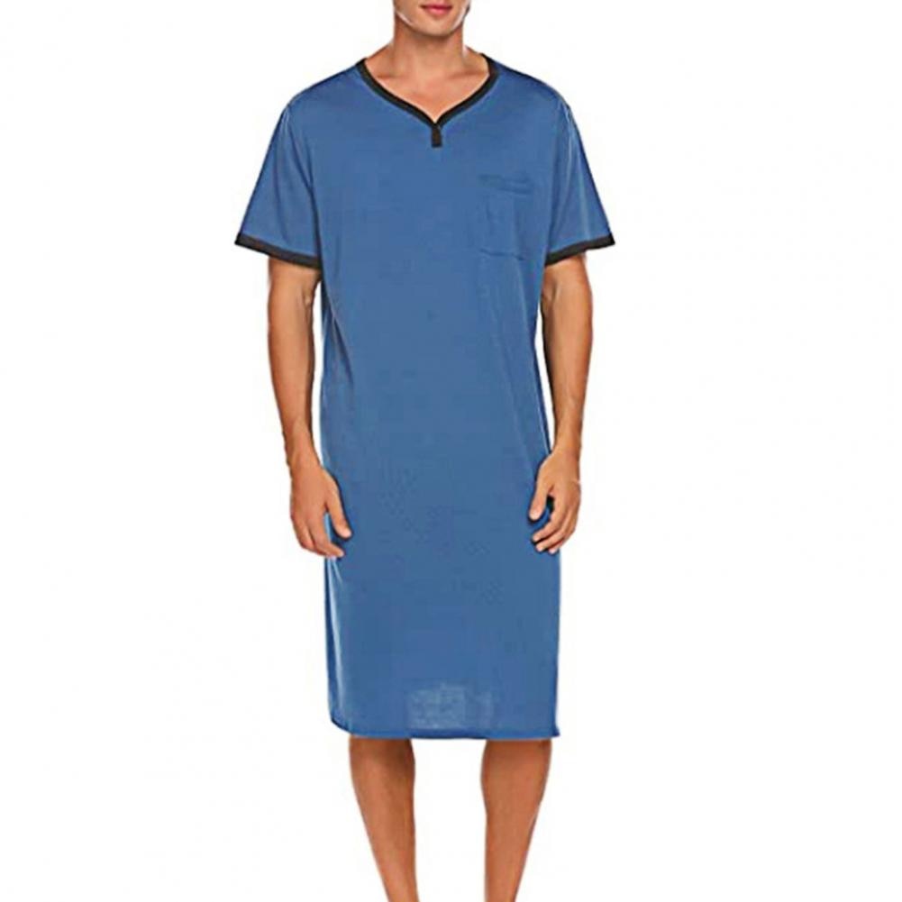 Men Short Sleeve O Neck Pocket Nightdress Loose Knee-length Nightgown Homewear Loose Knee-length Nightgown Homewear: Blue / M