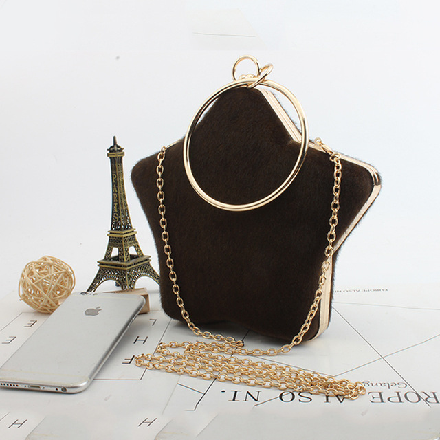Mulheres 2019 Moda Saco de Noite Das Senhoras de Veludo Anel de Dedo Cutch Bolsa bolsa Bolsa de Ombro Cadeia de Sacos de Festa de Casamento da Forma da Estrela: brown