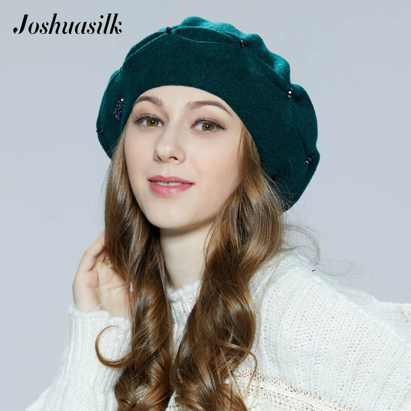 JOSHUASILK-gorro de lana de punto para mujer, boinas con hebilla de pellizco, decoración de POM mapache, sólido, otoño e invierno,