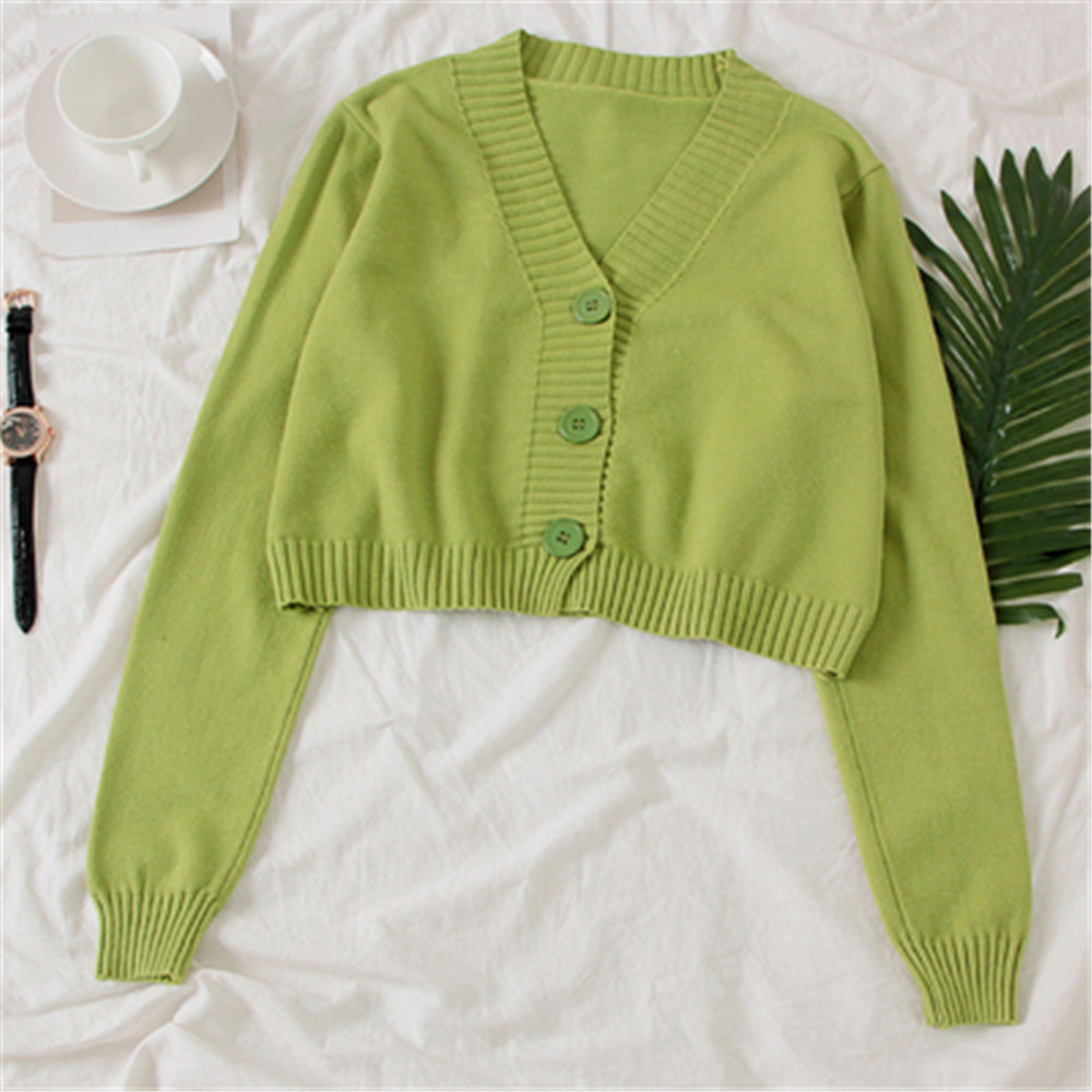 Women's Cropped Cardigan Sweaters Female Black White Short Sweater V Neck Single Breasted Sweater Woman Knitted Cardigan PZ3230: Green