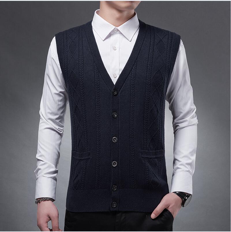 Mannen Gebreide kasjmier Vest Herfst winter Mannen wollen vest Gebreide Trui mouwloze Mannen mode Wollen truien vesten: Marineblauw / XXL