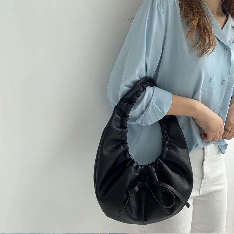 Summer women Handbag Soft tote bag ladies Shoulder Bags Solid PU leather Party Purse Women Clouds Armpit bag yellow: Black