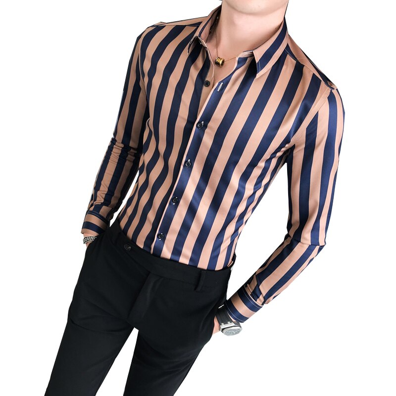 Stripet skjorte herre business slim langermet skjorte lav krage herre sosial klubb fritidsskjorte herre topp