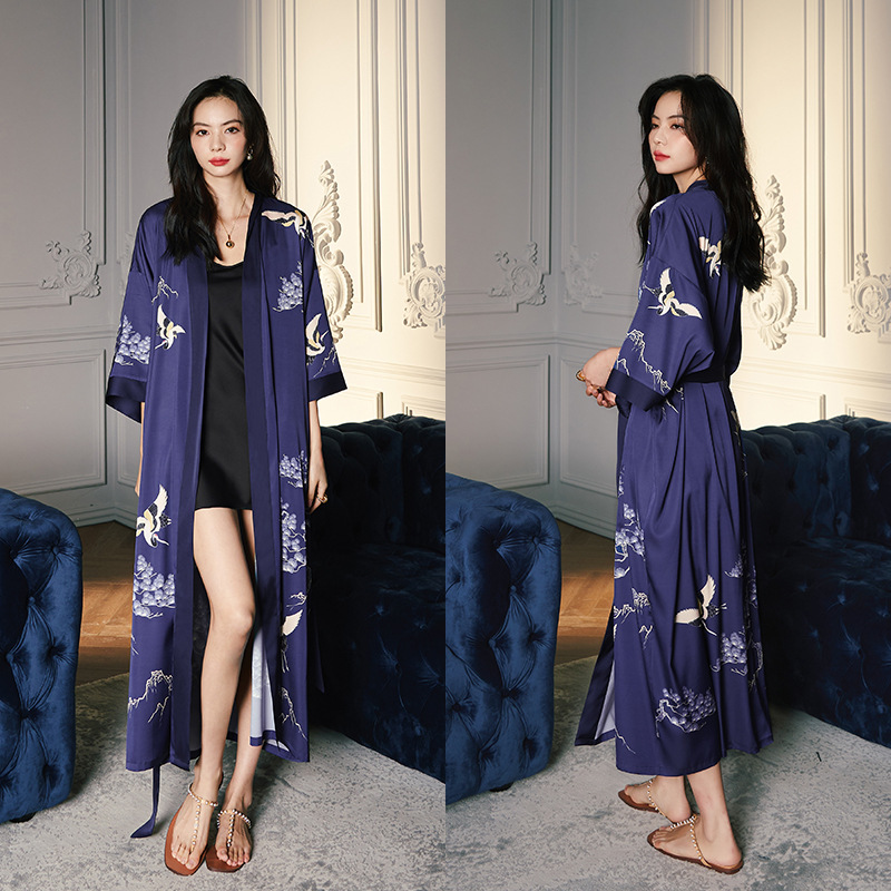 Albornoz tipo kimono largo con estampado de flores para mujer, bata de boda Sexy de media manga, camisón de rayón para primavera y verano, vestido para casa, ropa de dormir