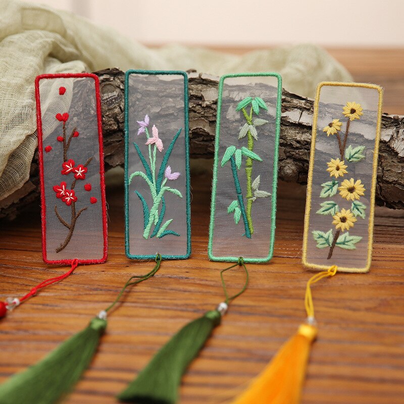 Chinese Flower Pattern DIY Bookmark Embroidery Kit with Hoop Needlework Cross Stitch Handmade Craft Sewing Art Unfinished Kit