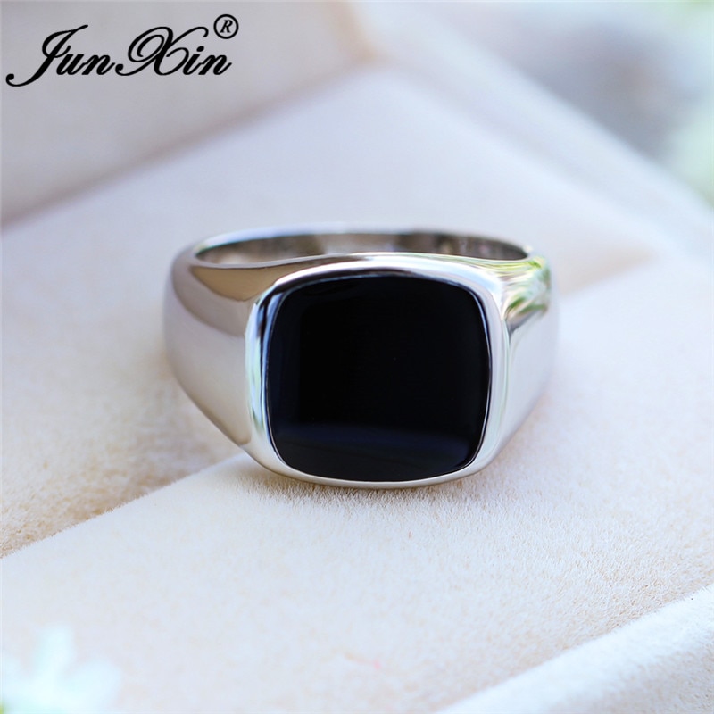 Bague géométrique en pierre noire pour homme et femme, Vintage, couleur argent, grands anneaux de mariage, fiançailles, bijoux de fête