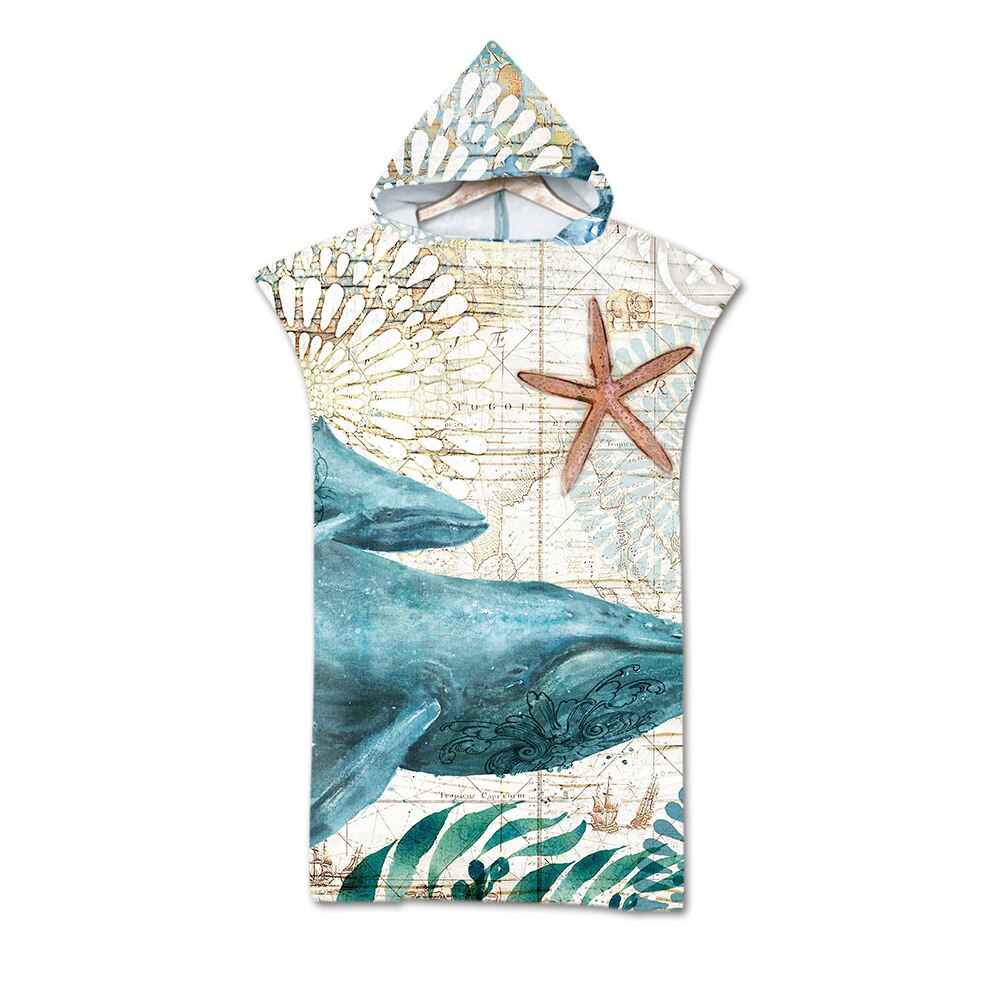 Printed Retro Sea World Hooded Microfiber Fabric Bath Towels Beach Towel Changing Bathrobe Gym Fitness Bath Towels