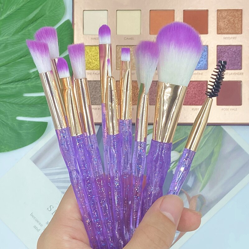 Zzdog 10 stk pro makeup børster sæt til øjenskygge highlight enhjørning krystal diamant langt skaft skønhedsværktøj sæt