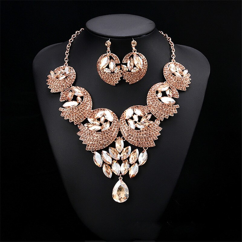 Luxe kleurrijke kristallen veer sieraden sets ketting oorbellen bruids bruiloft strass sieraden accessoires sets voor vrouwen: Champagne
