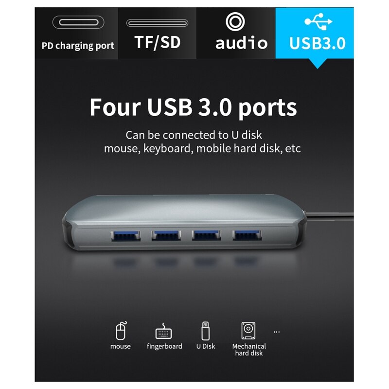 8-In-1 USB Hub to Type C Data Hub with 8-Port SD/TF/USB 3.0 HDMI Reader Type C PD Charging and 3.5mm o