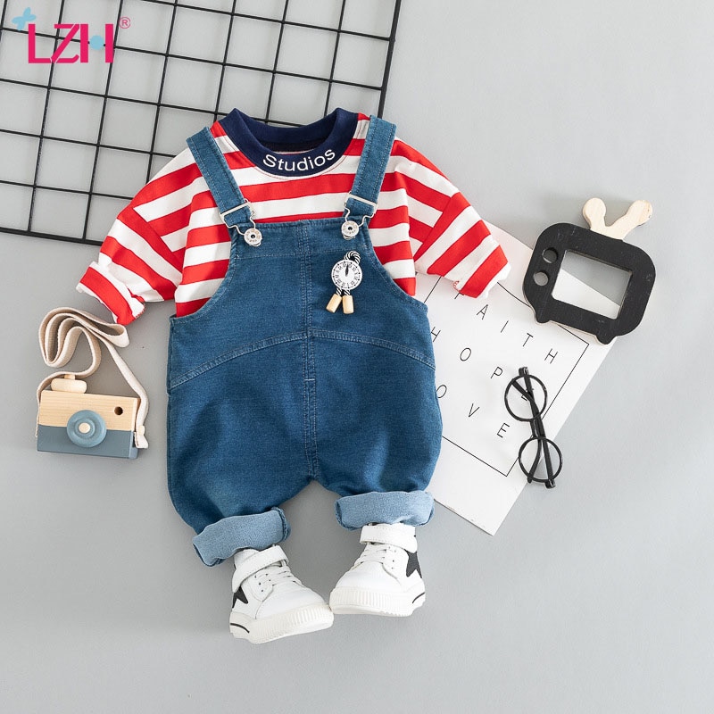 Lzh spädbarnskläder höst vinter baby pojkar kläder kostym för baby kostym randig t-shirt overall 2 st set nyfödd kläder