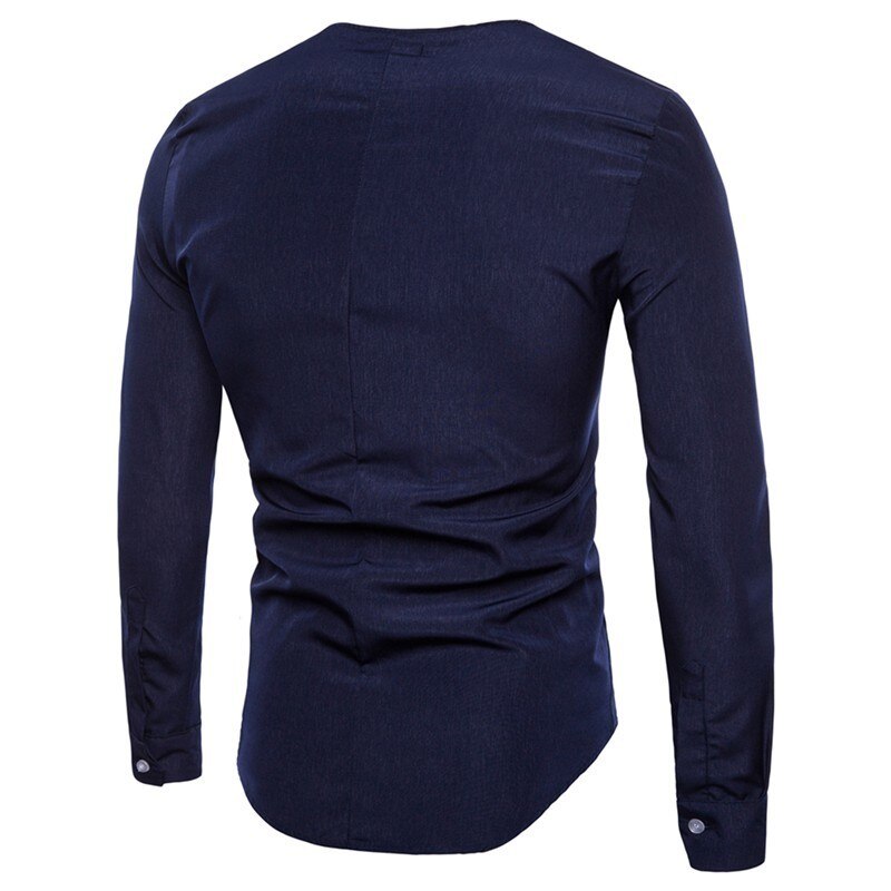 Herrskjortor med rund hals för män manlig höst casual långärmade skjortor slim fit enfärgad svart vit skjorta toppar m -2xl