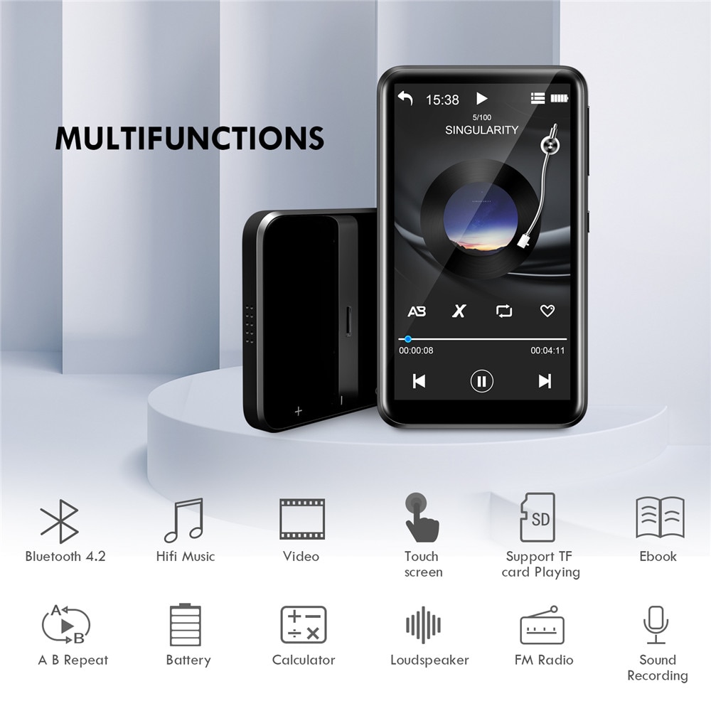 Reproductor MP3 multifunción con pantalla táctil, 8GB de RAM, Bluetooth, altavoz incorporado, Walkman de música HiFi, Radio, vídeo, E-Book, calculadora