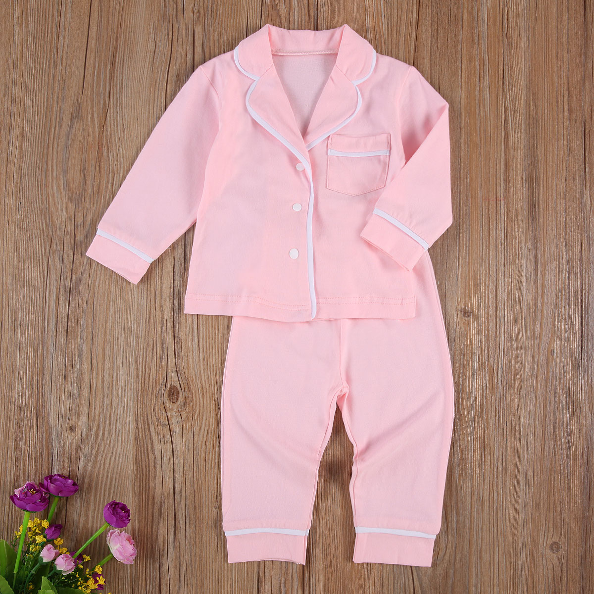 Kleinkind freundlicher Baby Mädchen Jungen 2Stck 100% Baumwolle Schlafanzug setzt Langarm Jacke Hemd Hosen Feste Nachtwäsche 6M-5Y