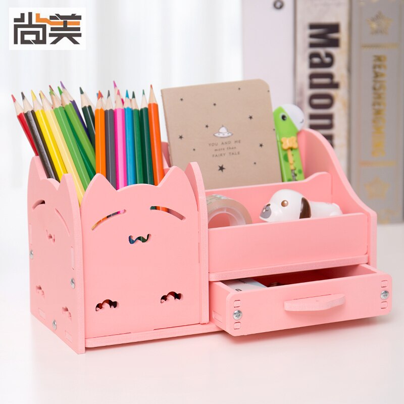 Multi-function 4 Grid Desktop Pen Holder Office School Stationery Storage Case Wood Box Desk Pen Pencil Organizer Phone Holder: Pink squinting