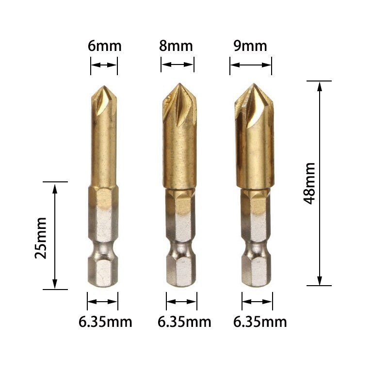 1/3/6pcs 82Degrees Chamfer Drill Bit Set 12/16/19mm 5Flute Woodworking Drill Bit Cutter Countersink Drill Bit Set Metal Drilling: 6mm 8mm 9mm Gold