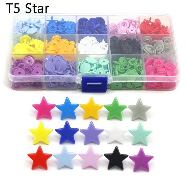 150 sæt  t3/t5 trykknapper til børn i æske plastikknapper til tøj runde/hjerte/stjerne trykknapper kam trykknapper diy: T5 stjerne