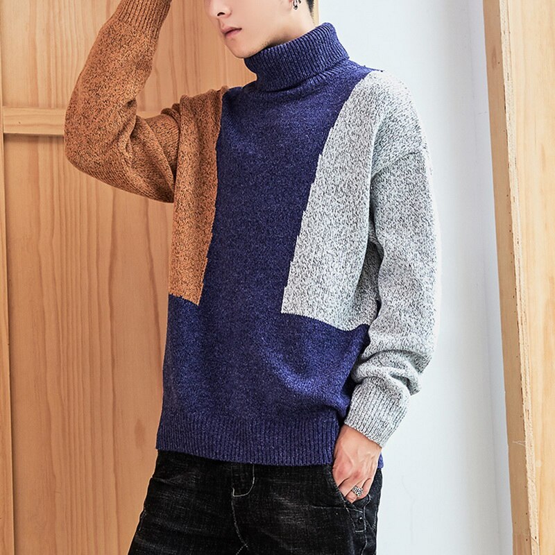 Rullekrave trøjer til mænd syninger farve simpel all-match løs harajuku chic koreansk herre tøj strikke pullover