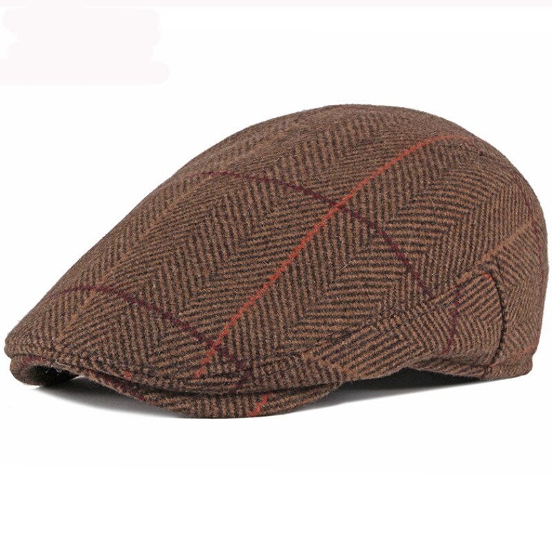 HT2777 Beret Men Cap Thick Warm Autumn Winter Hat Beret Cap Vintage Plaid Earflap Cap Wool Hat Ivy Newsboy Flat Cap: Dark Khaki / 56