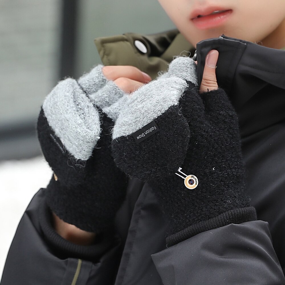 Mand bomuldsuld strikkede handsker fortykkelse patchwork flip fingerfri udsatte fingerhandsker mandlige halvfinger vinter varme vanter: Sort grå