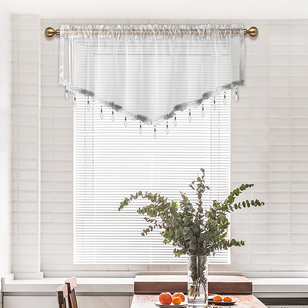 1Pc Pure Kleur Gordijn Valance Met Kralen, Staafzak, Modern Nieuw Valance Voor Woonkamer, Transparante Dunne Doorschijnende Valance: WHITE