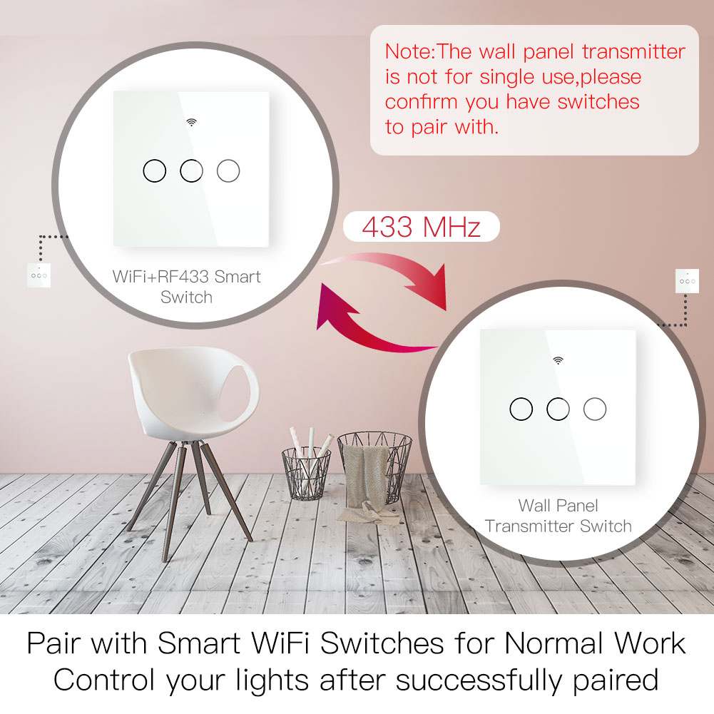 Interruptor inalámbrico de pared con Panel de vidrio, mando a distancia, funciona con WiFi, receptor de interruptor adhesivo, RF433 MHz