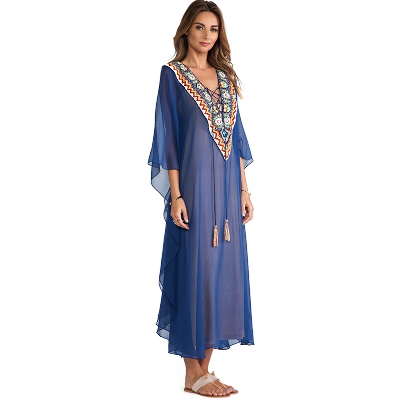 Plus size blauwe geborduurde zomer strandkleding chiffon kaftan strand vrouw tuniek badjurk badjas strand badkleding cover-up  #q975