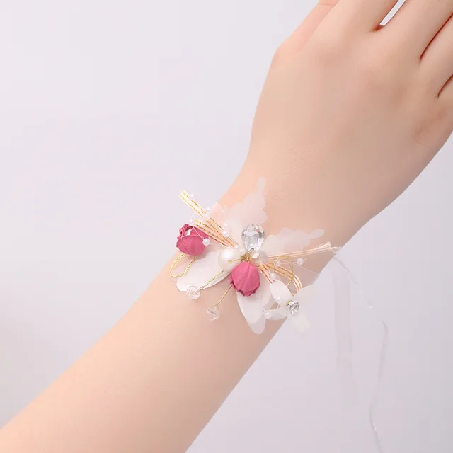 Imitation Pearls Corsage Bracelet Fabric Hand Flowers Girls Bridesmaid Wrist Flowers Wedding Party Accessories Party decor Rose: Gold