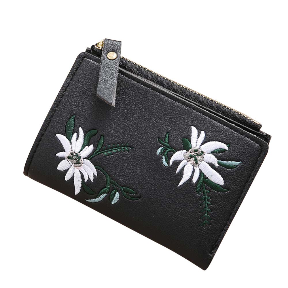 Porte-monnaie brodé en cuir PU pour femmes, porte-cartes à fermeture éclair, court, à loquet Floral, # L10: Black