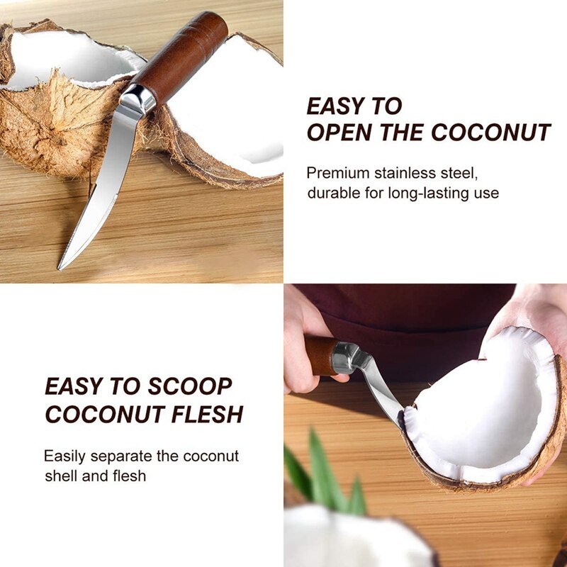 WSFS Coconut Tool Coconut Meat Remover Durable Wooden Handle Stainless Steel Coconut Opener Scraper Knife for Kitchen Home