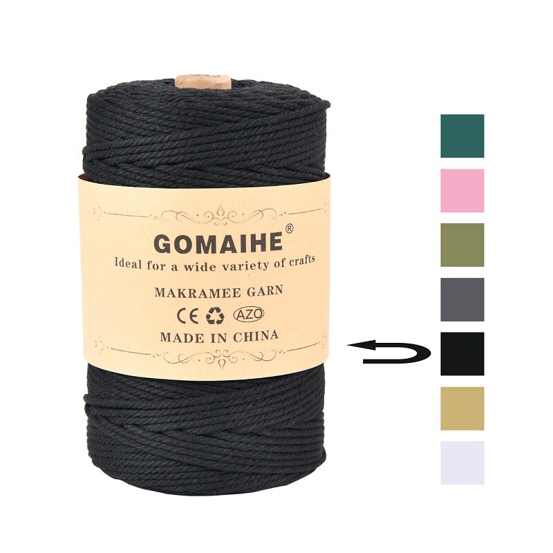 Gomaihe Macrame Koord 3Mm X 200M 100% Katoenen Touw Craft String Twine Voor Muur Opknoping Plant Hangers Breien home Decorations Diy: Black